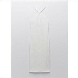 Zara White Cable Knit Cross Neck Halter Dress - Size L - Chic Summer Fairy Beach